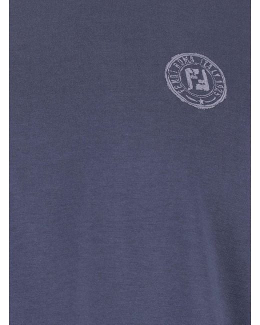 Fendi Blue Crewneck T-Shirt With Logo Print On The Front And Logo Patch On The Rear for men
