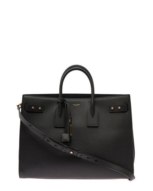 Saint Laurent Black Sac De Jour Thin Large Bag In Grained Leather Man for men