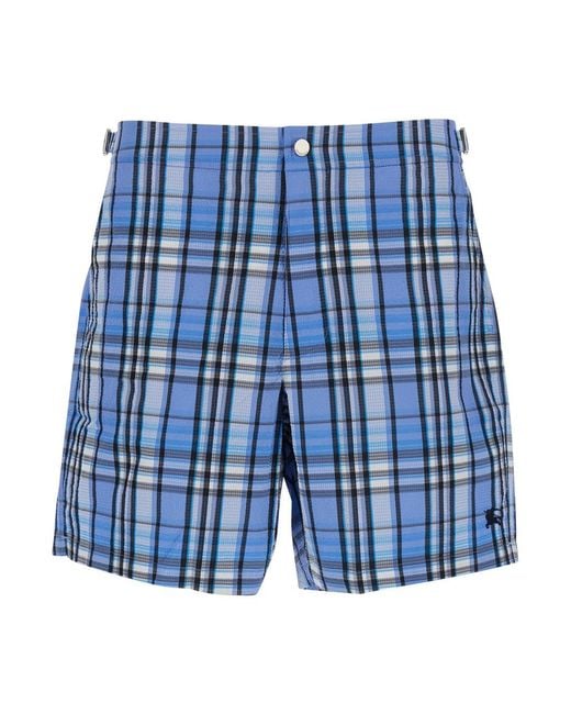 Burberry Blue Swim Shorts With Striped Motif And Logo On The Fro for men