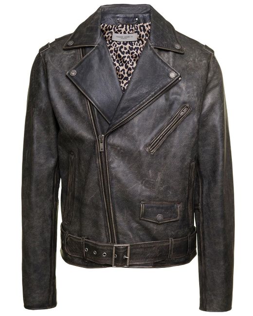Golden Goose Deluxe Brand Black Biker Jacket With Leopard Lining Leather for men