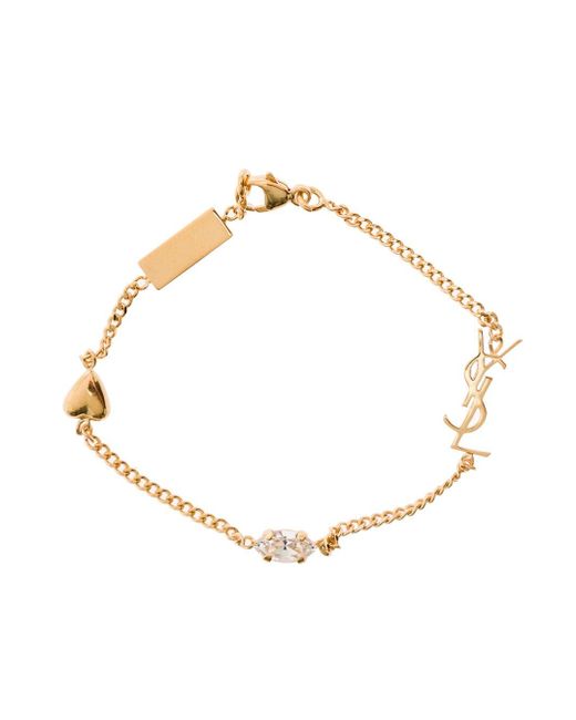 Saint Laurent Metallic Gold-tone Chain Bracelet With Heart And Monogram Charm In Brass And Glass Woman
