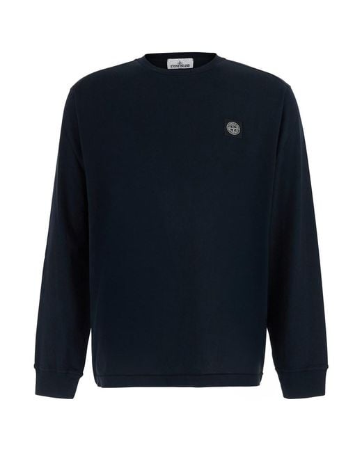 Stone Island Blue Crew Neck T-Shirt With Logo Patch On The Front for men