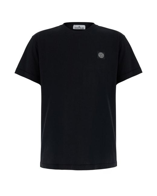 Stone Island Black Crew Neck T-Shirt With Logo Patch On The Front for men