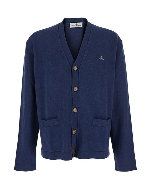 Vivienne Westwood Blue V-Neck Cardigan With Orb Decoration On The Front for men