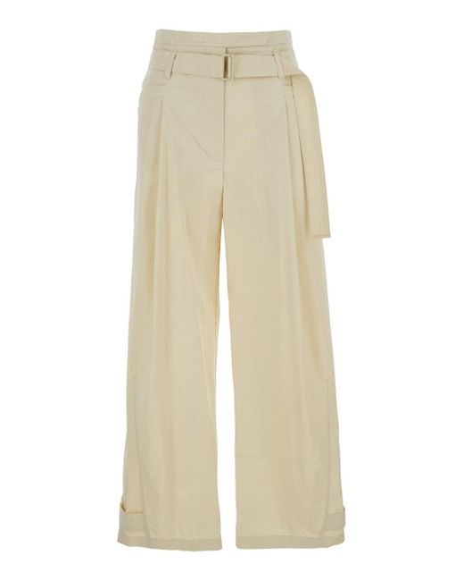 Low Classic Natural Pants With Double Belt And Pleated Details