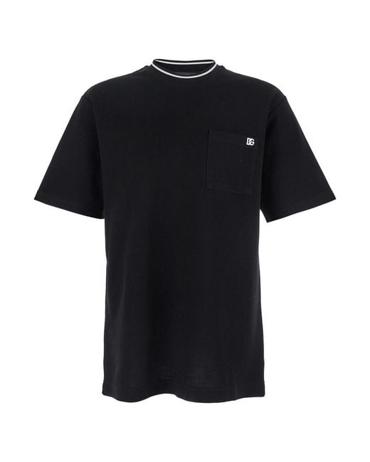 Dolce & Gabbana Black Crewneck T-Shirt With Logo Embroidery On The Front for men