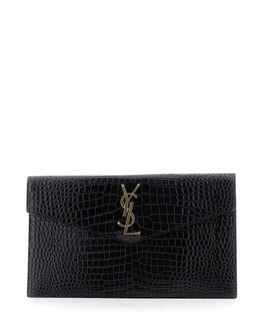 Saint Laurent Black Clutch Bag With Logo Plaque On The Front And All-Over Crocodile Effect