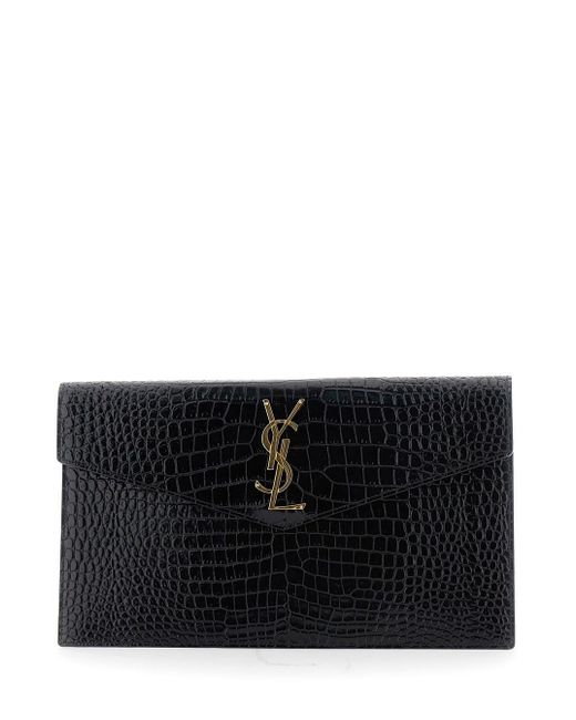 Saint Laurent Black Clutch Bag With Logo Plaque On The Front And All-Over Crocodile Effect