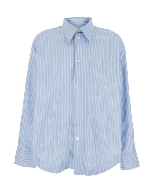 AMI Blue Light Long-Sleeved Shirt With Classic Collar And Striped Motif for men