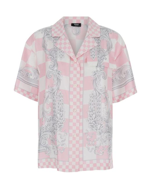 Versace Pink Shirt With Baroque Chessboard Print