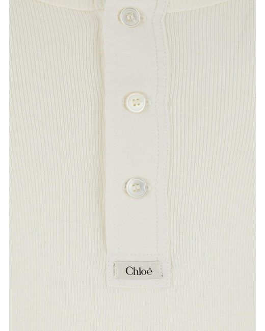 Chloé White Chloã Long-Sleeve T-Shirt With Logo Patch On The Front And Ribbed Knit