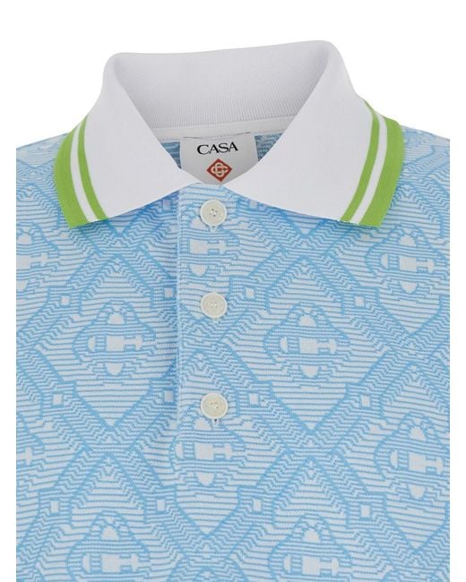 Casablanca Blue Light Polo Shirt With Classic Bicolor Collar And All-Over Embroidery for men