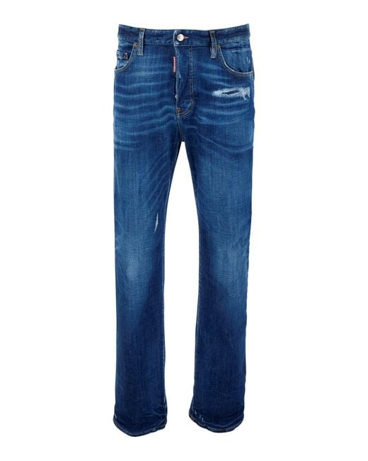 DSquared² Blue Jeans With Ripped Details And Logo Patch On The Back In for men