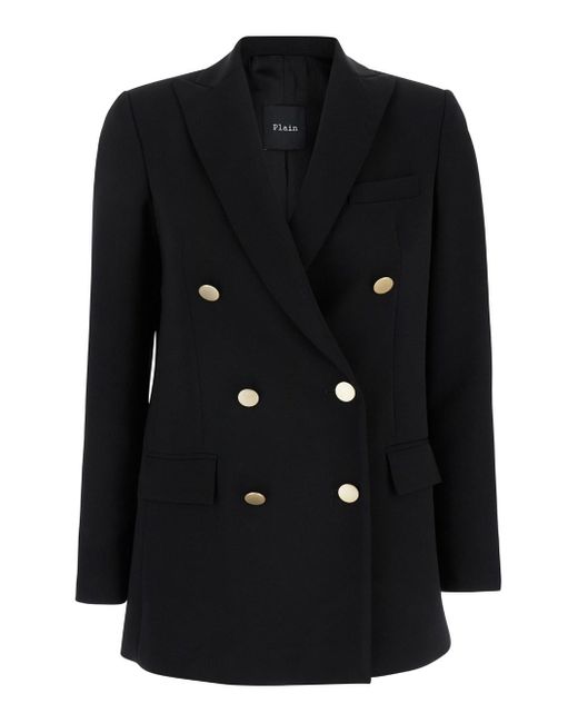 Plain Black Double-Breasted Jacket With Golden Buttons