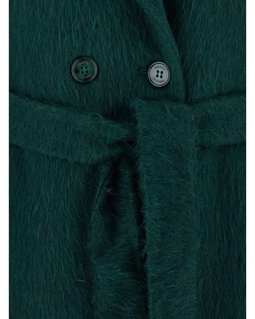 Twinset Green Double-Breasted Coat With Notched Revers And Belt On The