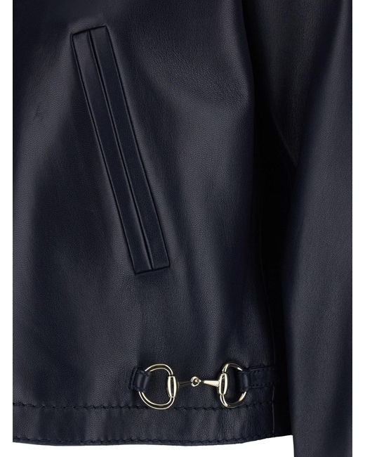 Gucci Blue Jacket With Classic Collar And Horsebit Plaque On The Waist