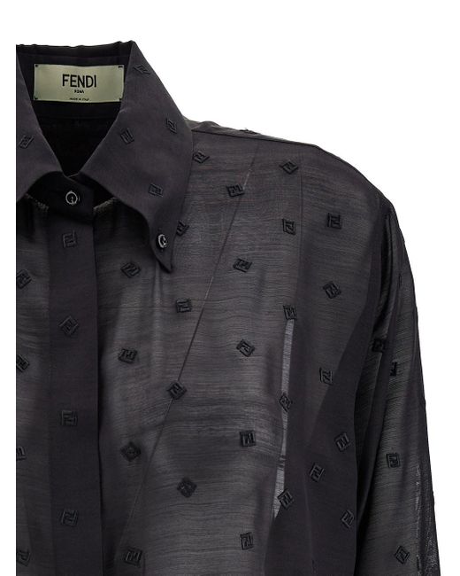 Camicia con ricamo logo ff in seta e lana nera di Fendi in Black