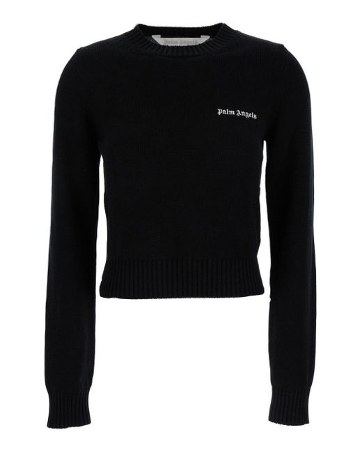 Palm Angels Black Crewneck Sweater With Emboridered Logo