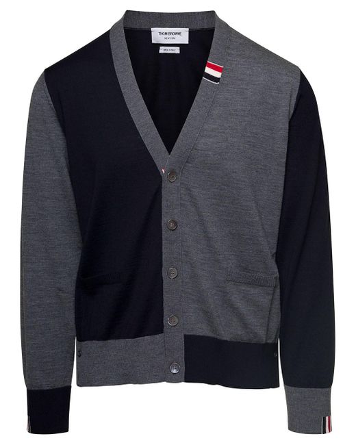 Thom Browne Blue Fun Mix Jersey Stitch Relaxed Fit V Neck Cardigan for men