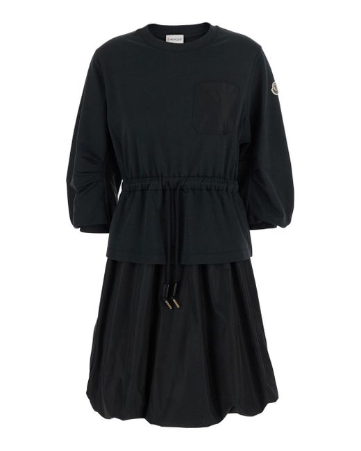 Moncler Black Dress With Elastic Waist And Logo Patch On The Sleeve