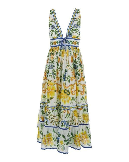 Farm Rio White 'Emily' Long Dress With V-Neck And All-Over Floral