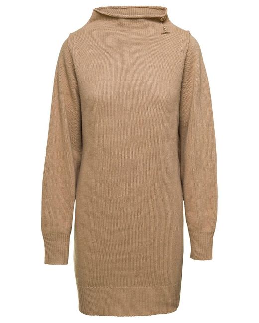 Liu Jo Natural Beige Knit Dress With High Neck And Golden Buttons In Wool