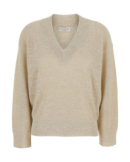 Brunello Cucinelli Natural Sweater V-Neck Linen-Blend