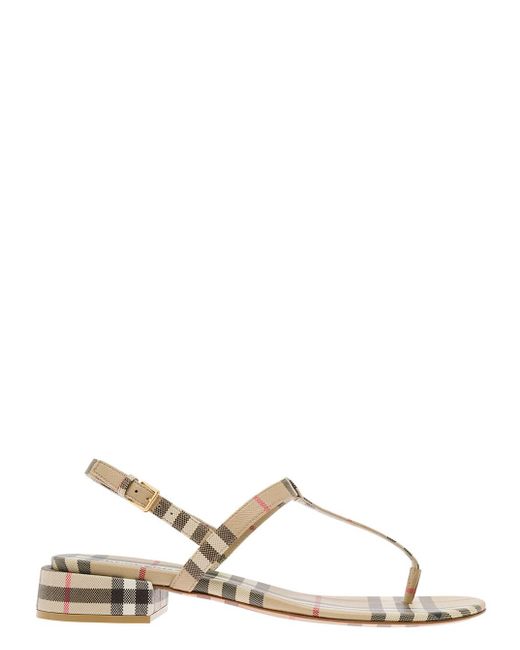 Burberry Natural Sandals With Vintage Check Motif And Short Heel In Canvas Woman