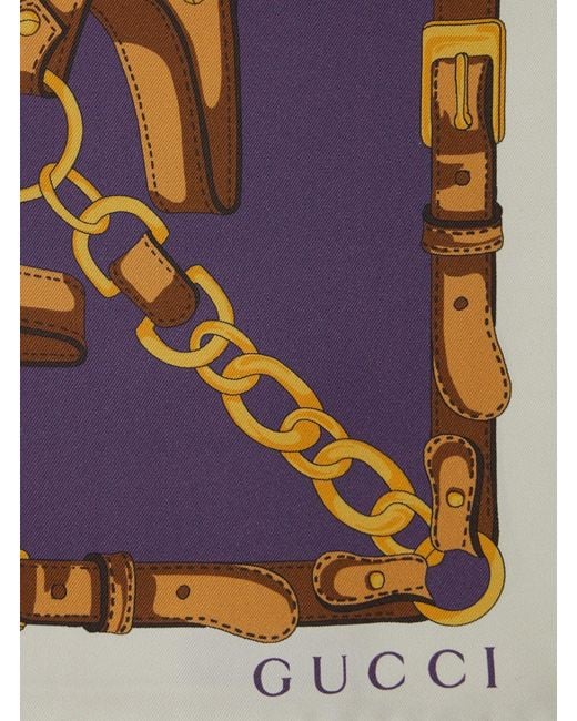 Gucci Blue Square Scarf With Chain Print And Logo Lettering