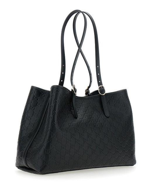 Gucci Black 'Gg Emblem' Big Tote Bag With Two Top Handles And All-Over Gg Embroidery