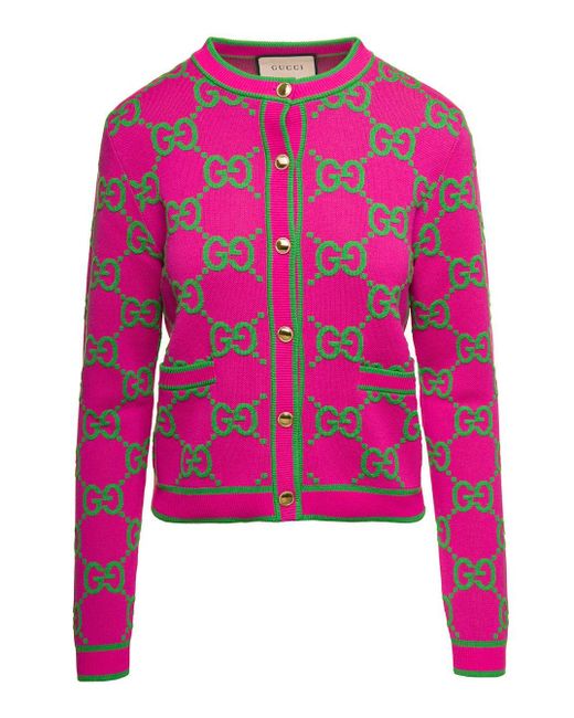 Gucci Pink Fuchsia Crewneck Cardigan With Maxi gg Jacquard In Cotton And Wool Woman