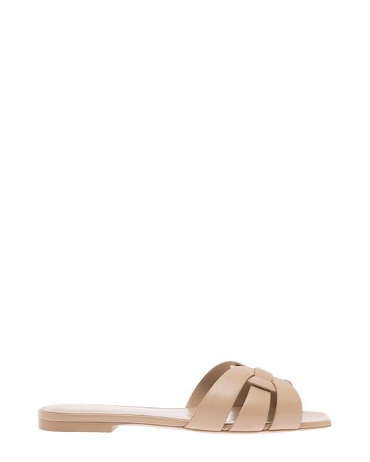 Saint Laurent Natural 'tribute' Flat Mules With Square Toe And Intertwining Straps In Leather Woman