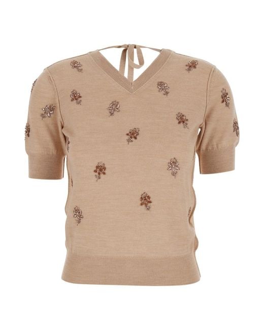 Fendi Natural T-Shirt With V Neck On Front And Rear And Floral Embroidery On The Front