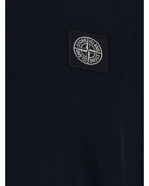Stone Island Blue Crew Neck T-Shirt With Logo Patch On The Front for men