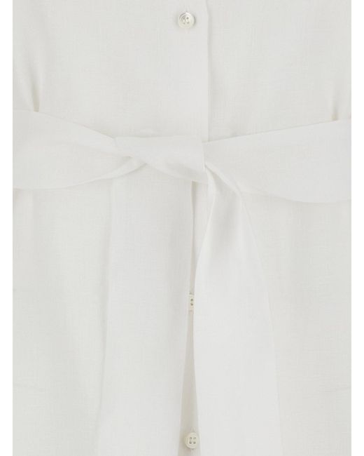 Le Plain White Dress With Classic Collar And Adjustable Belt