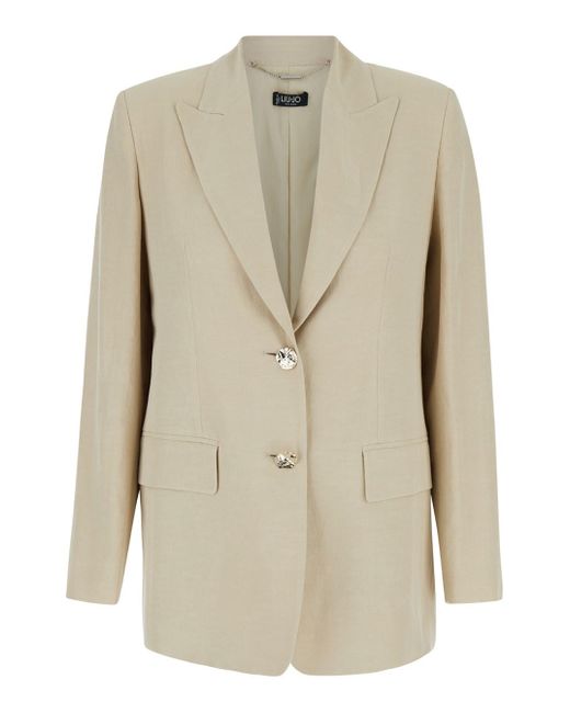 Liu Jo Natural Beige Single-breasted Jacket With Gold Buttons In Linen Blend Woman