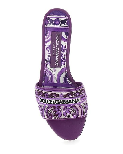 Dolce & Gabbana Purple Sandals With Logo Embroidery On The Front And All-Over Majolica Motif