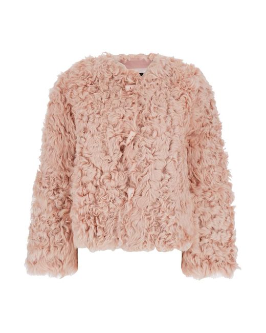 Plain Pink Collarless Fur Jacket With Front Toggle Closure