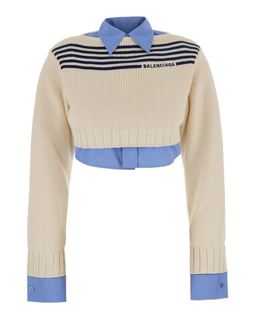 Balenciaga Blue Crop Sweater With Double-Layer Design And Logo Letter