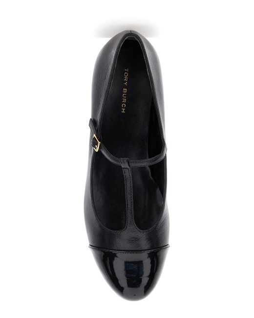 Tory Burch Black Ballet Shoes With Cap Toe And Low Block Heel