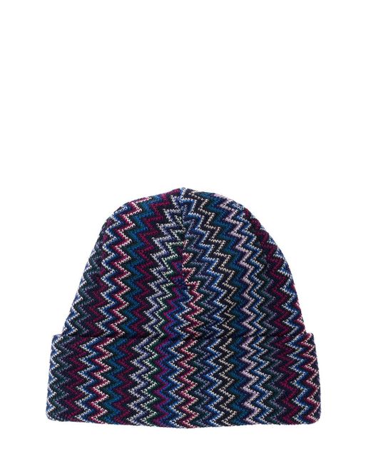 Missoni Blue Multicolor Zigzag-woven Beanie In Wool Man for men