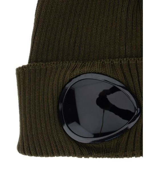 C P Company Green Knit Beanie With Google Detail On The Front for men