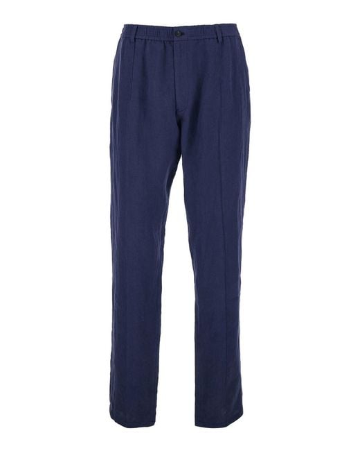 Emporio Armani Blue Straight-Leg Trousers Linen for men