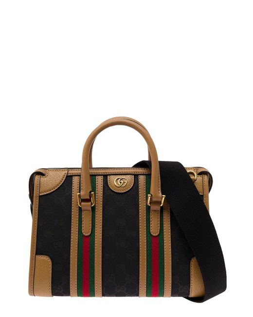 Gucci Black And Brown Large Bauletto In Canvas Woman
