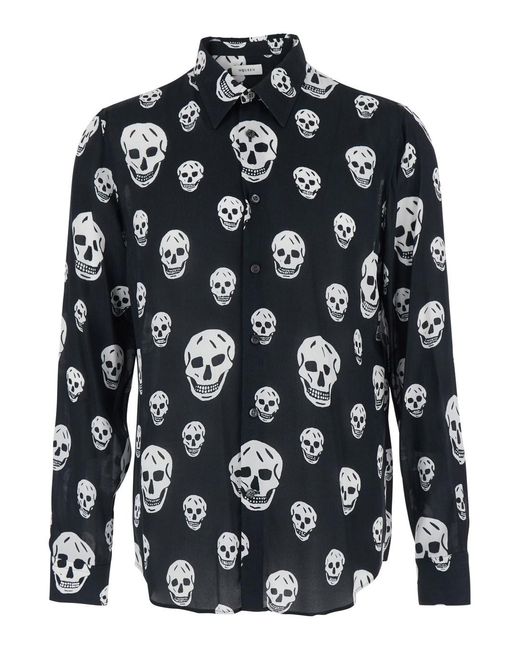 McQueen Blue Shirt With All-Over Skull Print And Pointed Collar for men