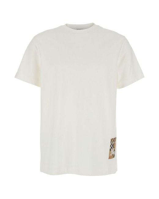 Burberry White T-Shirt With Logo Patch With Check Motif On The Front for men