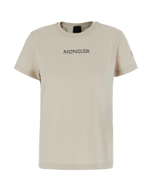 Moncler White Crew Neck T-Shirt With Logo Lettering On The Front And L