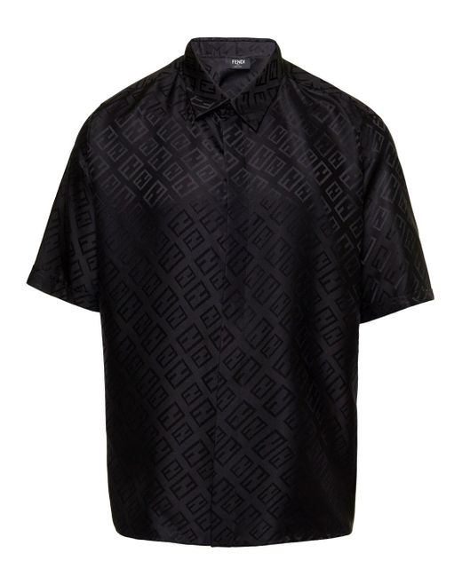 Fendi Black Short Sleeves All-over Ff Print Shirt In Silk Man for men