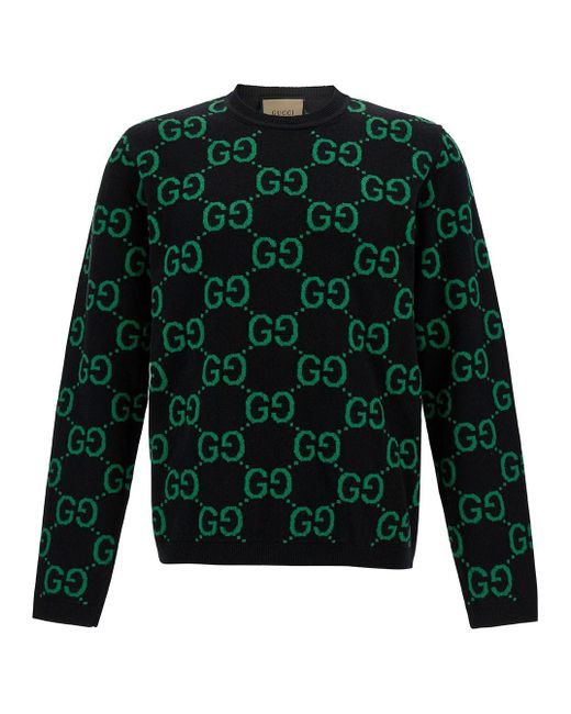 Gucci Green Monogram-intarsia Crewneck Wool-knit Jumper for men