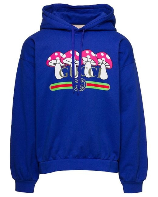 Gucci Blue Hoodie With Branded Mushroom Print for men